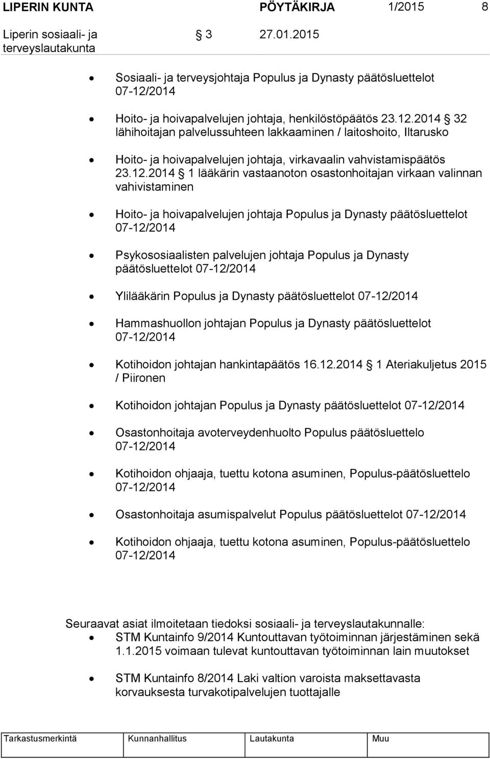 2014 32 lähihoitajan palvelussuhteen lakkaaminen / laitoshoito, Iltarusko Hoito- ja hoivapalvelujen johtaja, virkavaalin vahvistamispäätös 23.12.