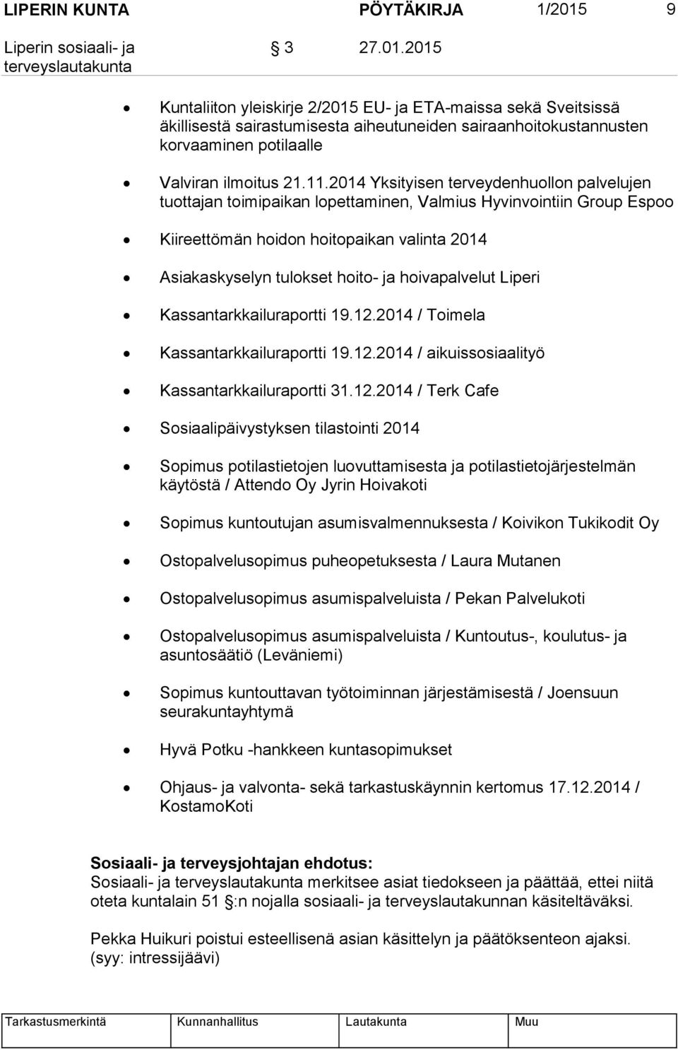 2014 Yksityisen terveydenhuollon palvelujen tuottajan toimipaikan lopettaminen, Valmius Hyvinvointiin Group Espoo Kiireettömän hoidon hoitopaikan valinta 2014 Asiakaskyselyn tulokset hoito- ja