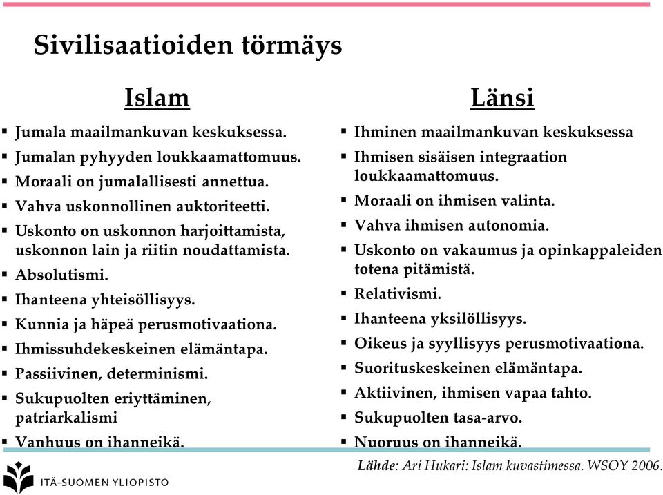 Passiivinen, determinismi. Sukupuolten eriyttäminen, patriarkalismi Vanhuus on ihanneikä. Länsi Ihminen maailmankuvan keskuksessa Ihmisen sisäisen integraation loukkaamattomuus.