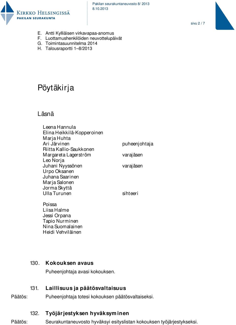 Oksanen Juhana Saarinen Marja Salonen Jorma Skyttä Ulla Turunen puheenjohtaja varajäsen varajäsen sihteeri Poissa Liisa Halme Jessi Orpana Tapio Nurminen Nina Suomalainen Heidi