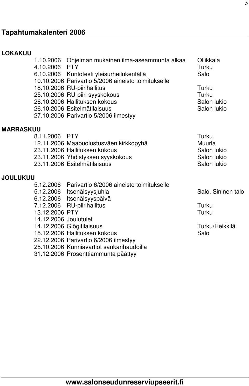 11.2006 PTY Turku 12.11.2006 Maapuolustusväen kirkkopyhä Muurla 23.11.2006 Hallituksen kokous Salon lukio 23.11.2006 Yhdistyksen syyskokous Salon lukio 23.11.2006 Esitelmätilaisuus Salon lukio JOULUKUU 5.