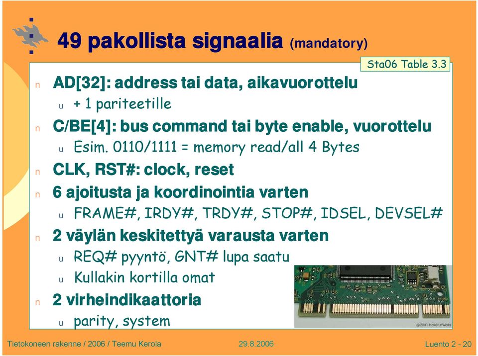 0110/1111 = memory read/all 4 Bytes CLK, RST#: clock, reset 6 ajoitusta ja koordinointia varten u FRAME#, IRDY#,