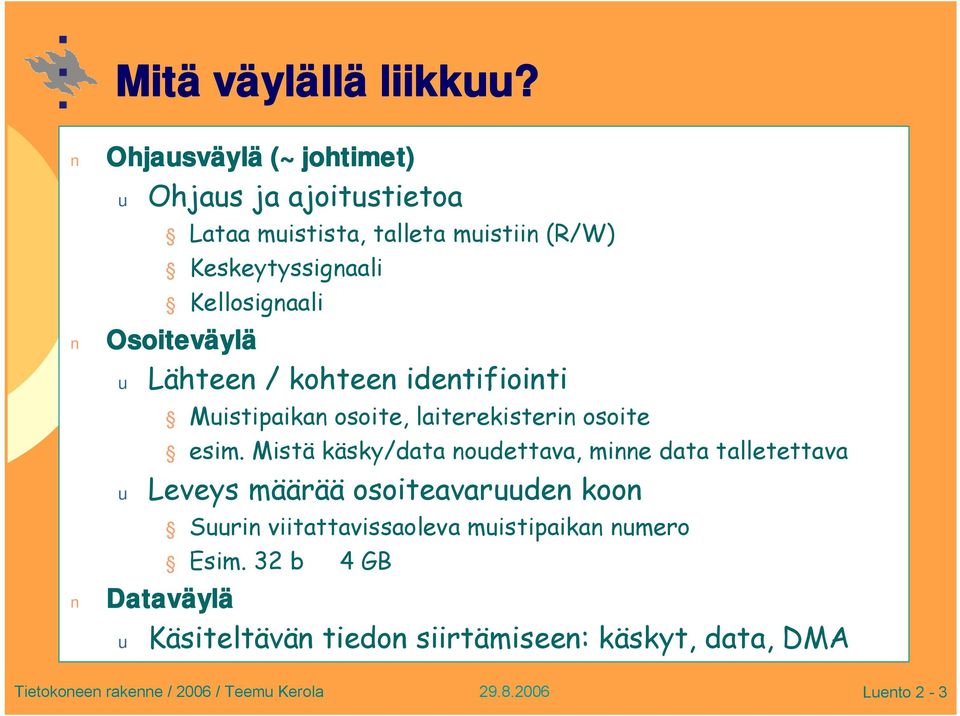 Kellosignaali Osoiteväylä u Lähteen / kohteen identifiointi Muistipaikan osoite, laiterekisterin osoite esim.