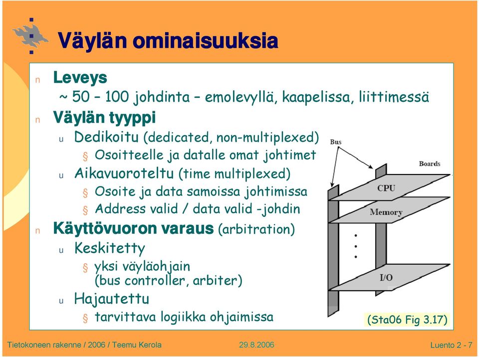 ja data samoissa johtimissa Address valid / data valid -johdin Käyttövuoron varaus (arbitration) u Keskitetty