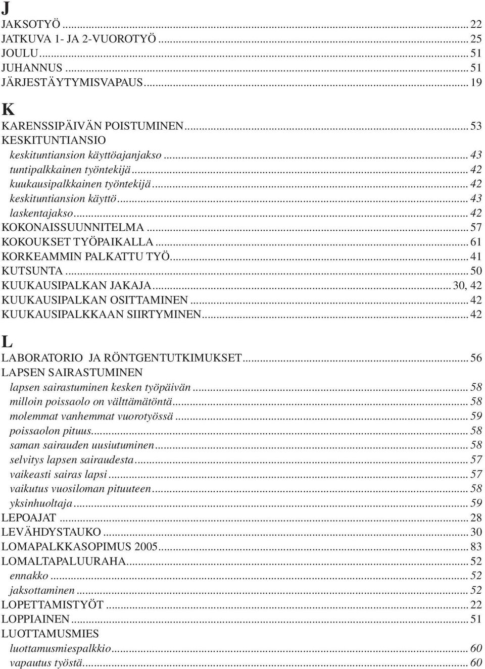 ..41 KUTSUNTA...50 KUUKAUSIPALKAN JAKAJA...30, 42 KUUKAUSIPALKAN OSITTAMINEN...42 KUUKAUSIPALKKAAN SIIRTYMINEN...42 L LABORATORIO JA RÖNTGENTUTKIMUKSET.