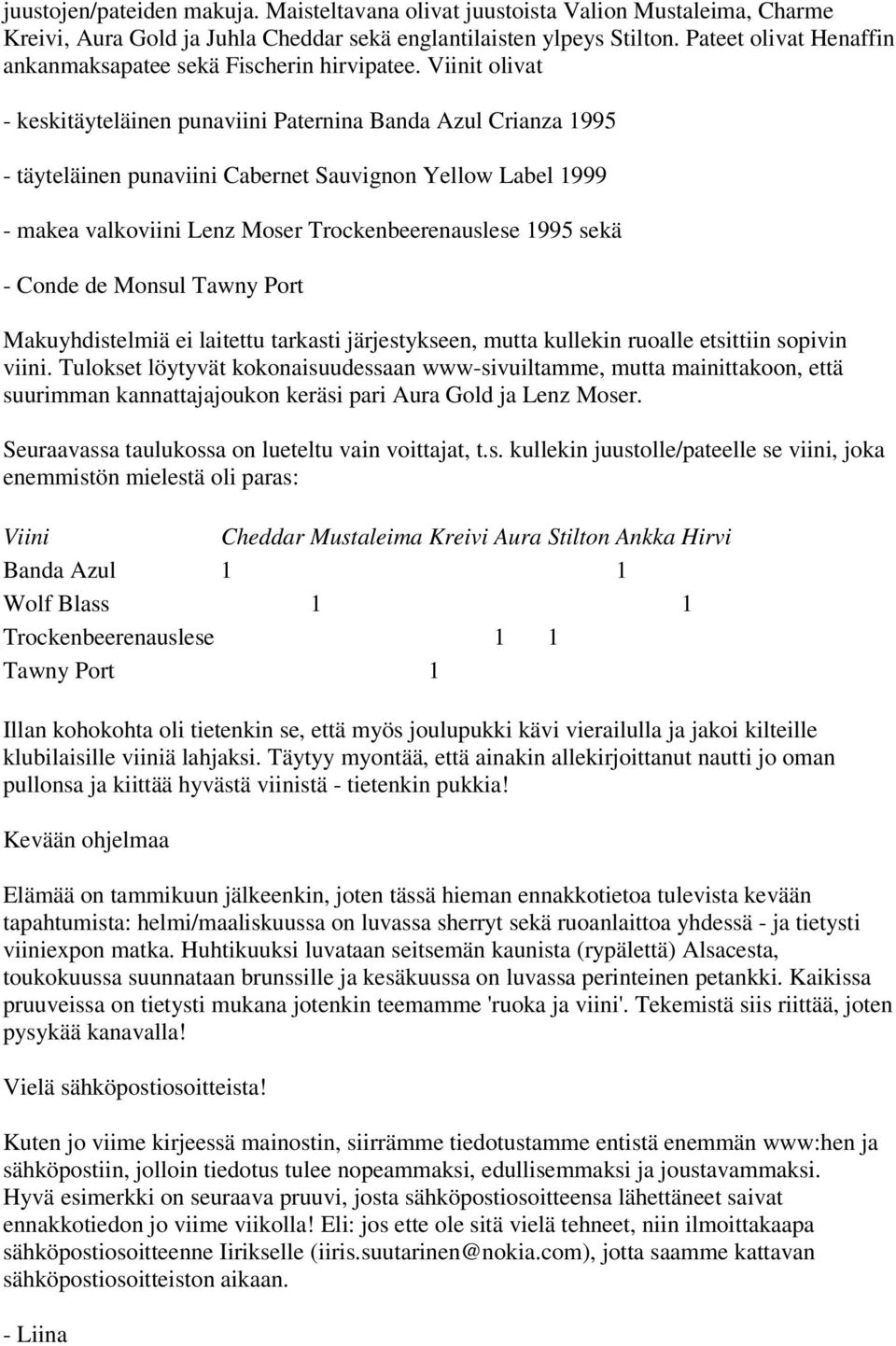 Viinit olivat - keskitäyteläinen punaviini Paternina Banda Azul Crianza 1995 - täyteläinen punaviini Cabernet Sauvignon Yellow Label 1999 - makea valkoviini Lenz Moser Trockenbeerenauslese 1995 sekä