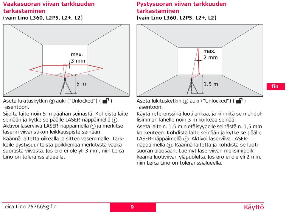 Tarkkaile pystysuuntaista poikkeaa erkitystä vaakasuorasta viivasta. os ero ei ole yli 3, niin Leica Lino on toleranssialueella.