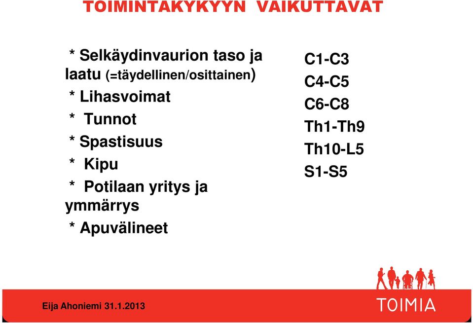 Tunnot * Spastisuus * Kipu * Potilaan yritys ja