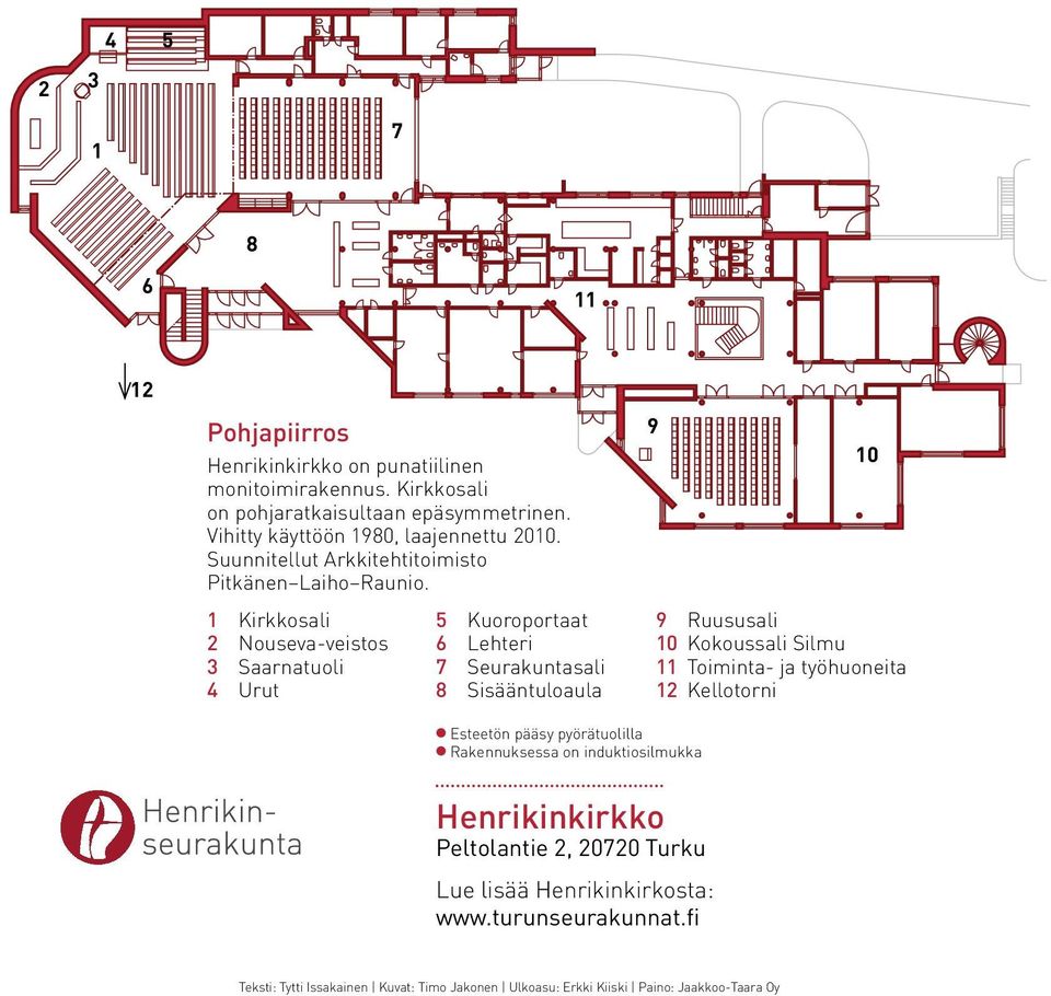 1 Kirkkosali 2 Nouseva-veistos 3 Saarnatuoli 4 Urut 5 Kuoroportaat 6 Lehteri 7 Seurakuntasali 8 Sisääntuloaula 9 10 9 Ruususali 10 Kokoussali Silmu 11 Toiminta- ja