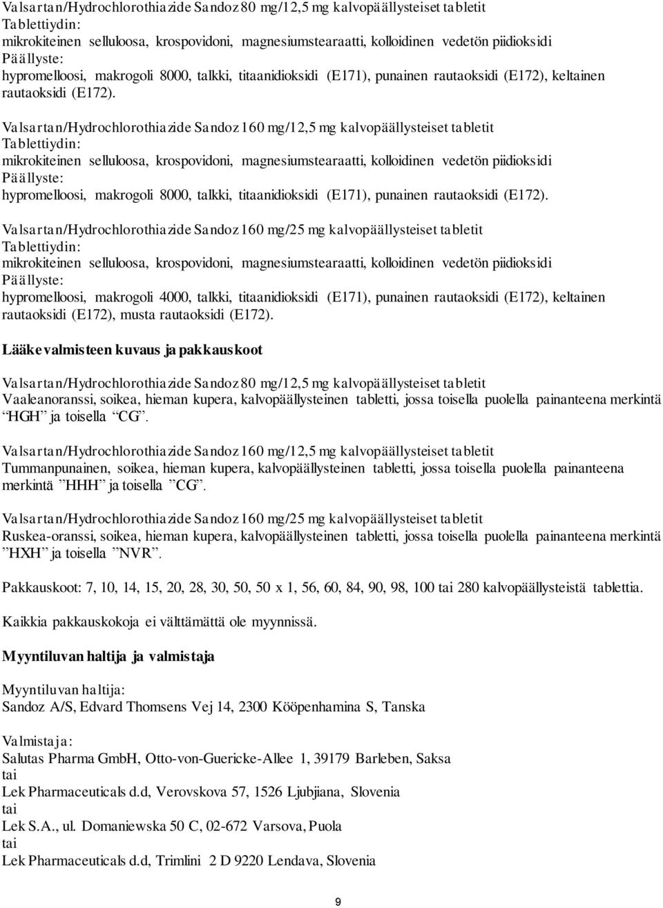 Valsartan/Hydrochlorothiazide Sandoz 160 mg/12,5 mg kalvopäällysteiset tabletit Tablettiydin: mikrokiteinen selluloosa, krospovidoni, magnesiumstearaatti, kolloidinen vedetön piidioksidi Päällyste: