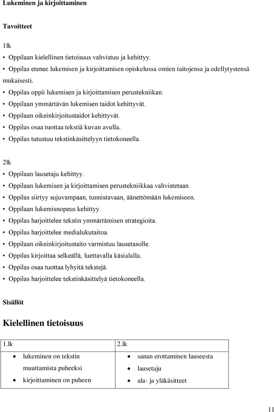 Oppilas tutustuu tekstinkäsittelyyn tietokoneella. 2lk Oppilaan lausetaju kehittyy. Oppilaan lukemisen ja kirjoittamisen perustekniikkaa vahvistetaan.