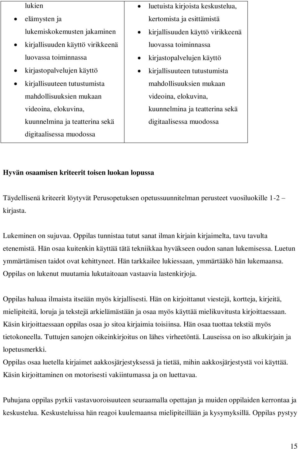 videoina, elokuvina, kuunnelmina ja teatterina sekä kuunnelmina ja teatterina sekä digitaalisessa muodossa digitaalisessa muodossa Hyvän osaamisen kriteerit toisen luokan lopussa Täydellisenä