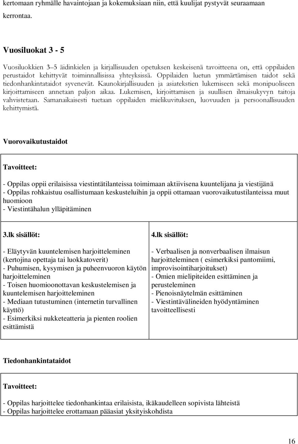 Oppilaiden luetun ymmärtämisen taidot sekä tiedonhankintataidot syvenevät. Kaunokirjallisuuden ja asiatekstien lukemiseen sekä monipuoliseen kirjoittamiseen annetaan paljon aikaa.