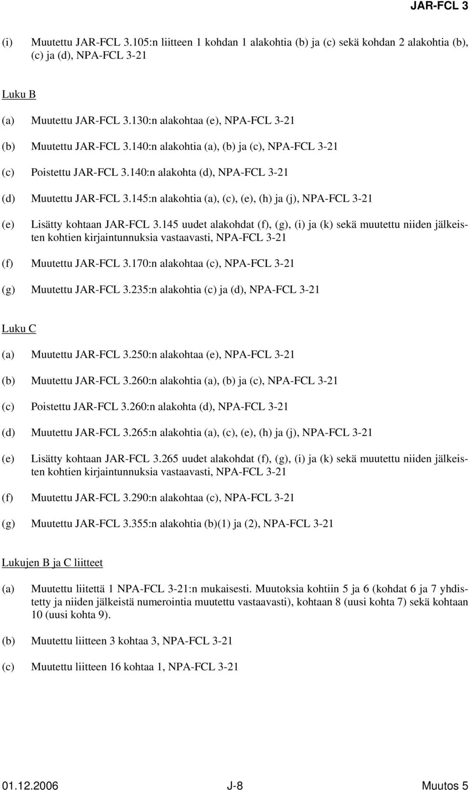 145:n alakohtia (a), (c), (e), (h) ja (j), NPA-FCL 3-21 (e) Lisätty kohtaan JAR-FCL 3.