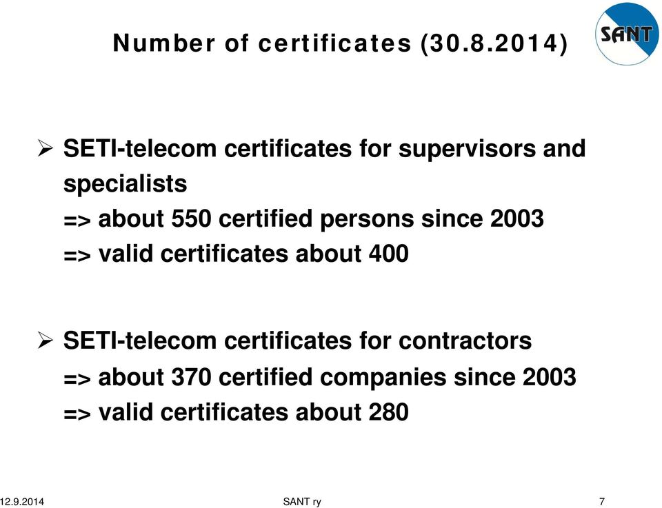 550 certified persons since 2003 => valid certificates about 400