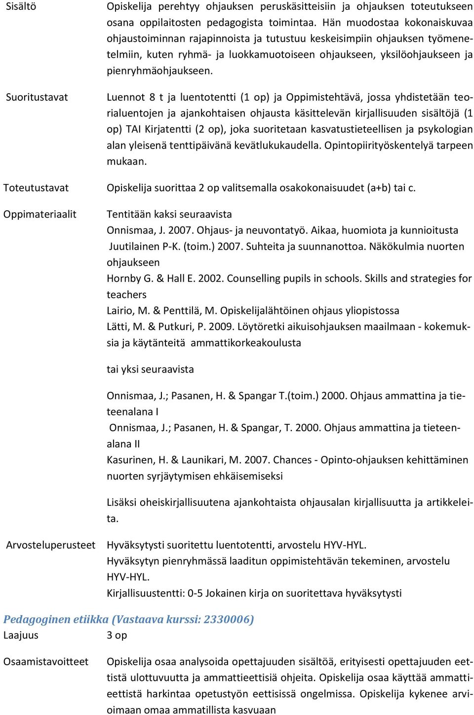 Luennot 8 t ja luentotentti (1 op) ja Oppimistehtävä, jossa yhdistetään teorialuentojen ja ajankohtaisen ohjausta käsittelevän kirjallisuuden sisältöjä (1 op) TAI Kirjatentti (2 op), joka suoritetaan