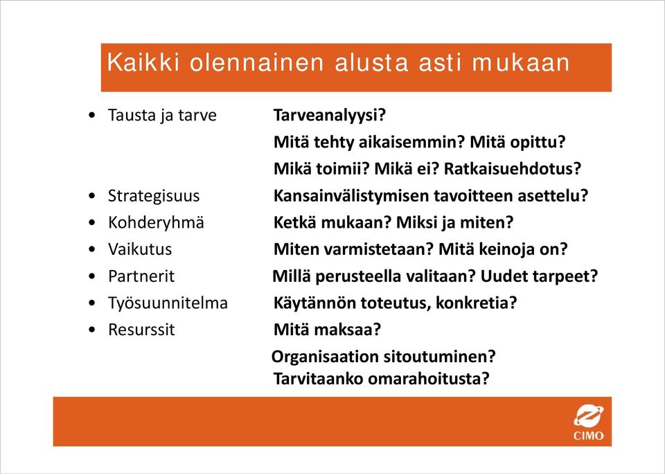 Kansainvälistymisen tavoitteen asettelu? Ketkä mukaan? Miksi ja miten? Miten varmistetaan? Mitä keinoja on?