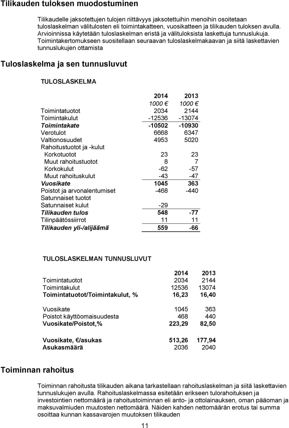 Toimintakertomukseen suositellaan seuraavan tuloslaskelmakaavan ja siitä laskettavien tunnuslukujen ottamista Tuloslaskelma ja sen tunnusluvut TULOSLASKELMA 2014 2013 1000 1000 Toimintatuotot 2034