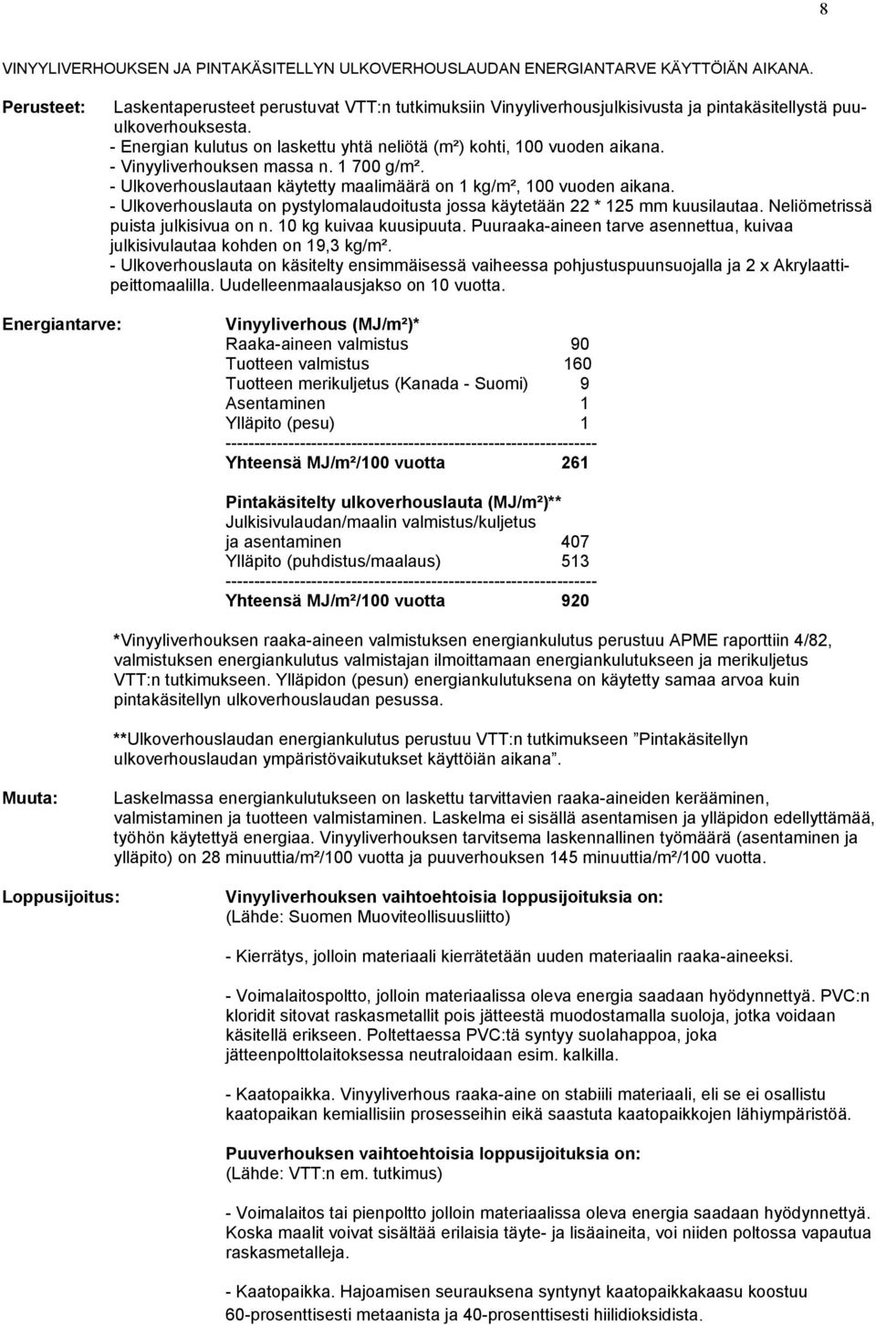 - Energian kulutus on laskettu yhtä neliötä (m²) kohti, 100 vuoden aikana. - Vinyyliverhouksen massa n. 1 700 g/m². - Ulkoverhouslautaan käytetty maalimäärä on 1 kg/m², 100 vuoden aikana.