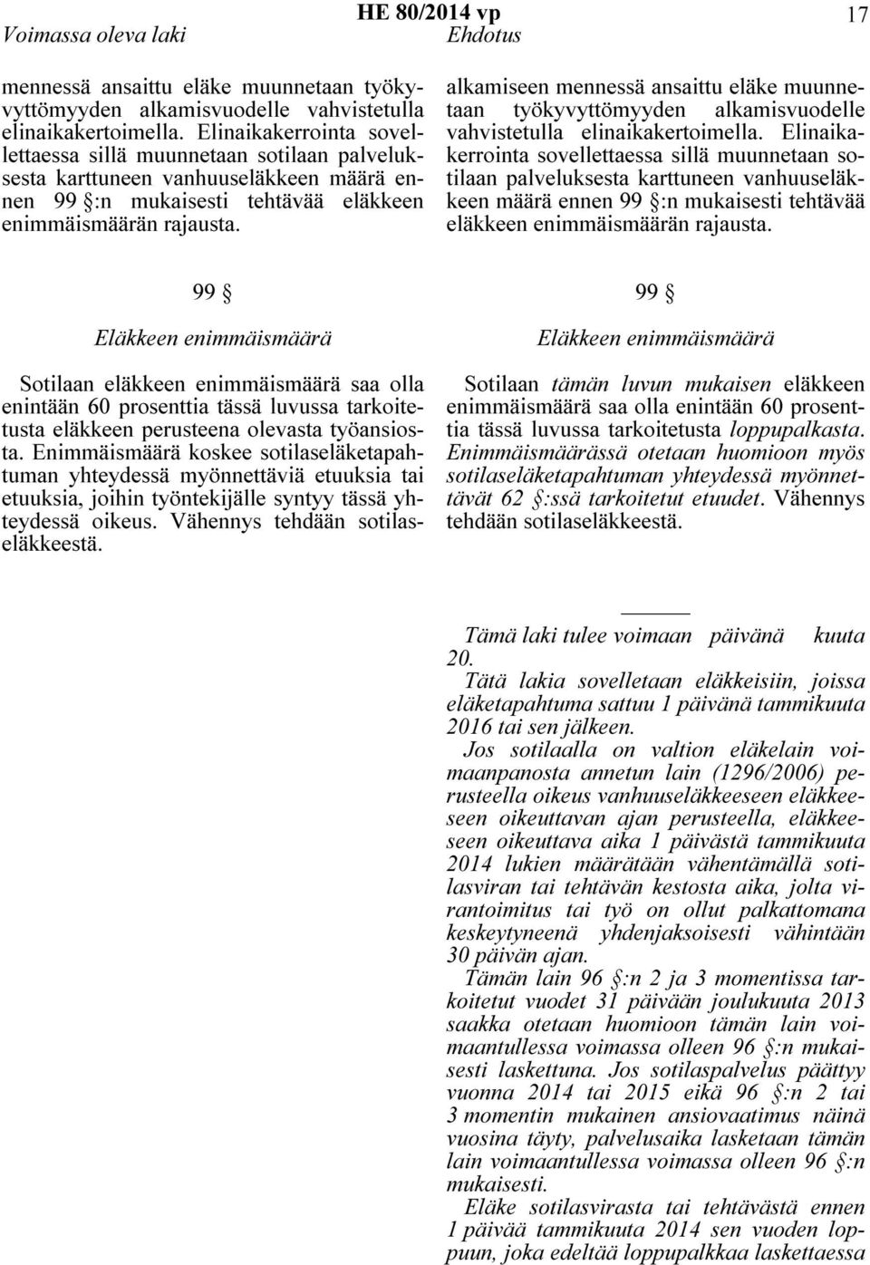 99 Eläkkeen enimmäismäärä Sotilaan eläkkeen enimmäismäärä saa olla enintään 60 prosenttia tässä luvussa tarkoitetusta eläkkeen perusteena olevasta työansiosta.