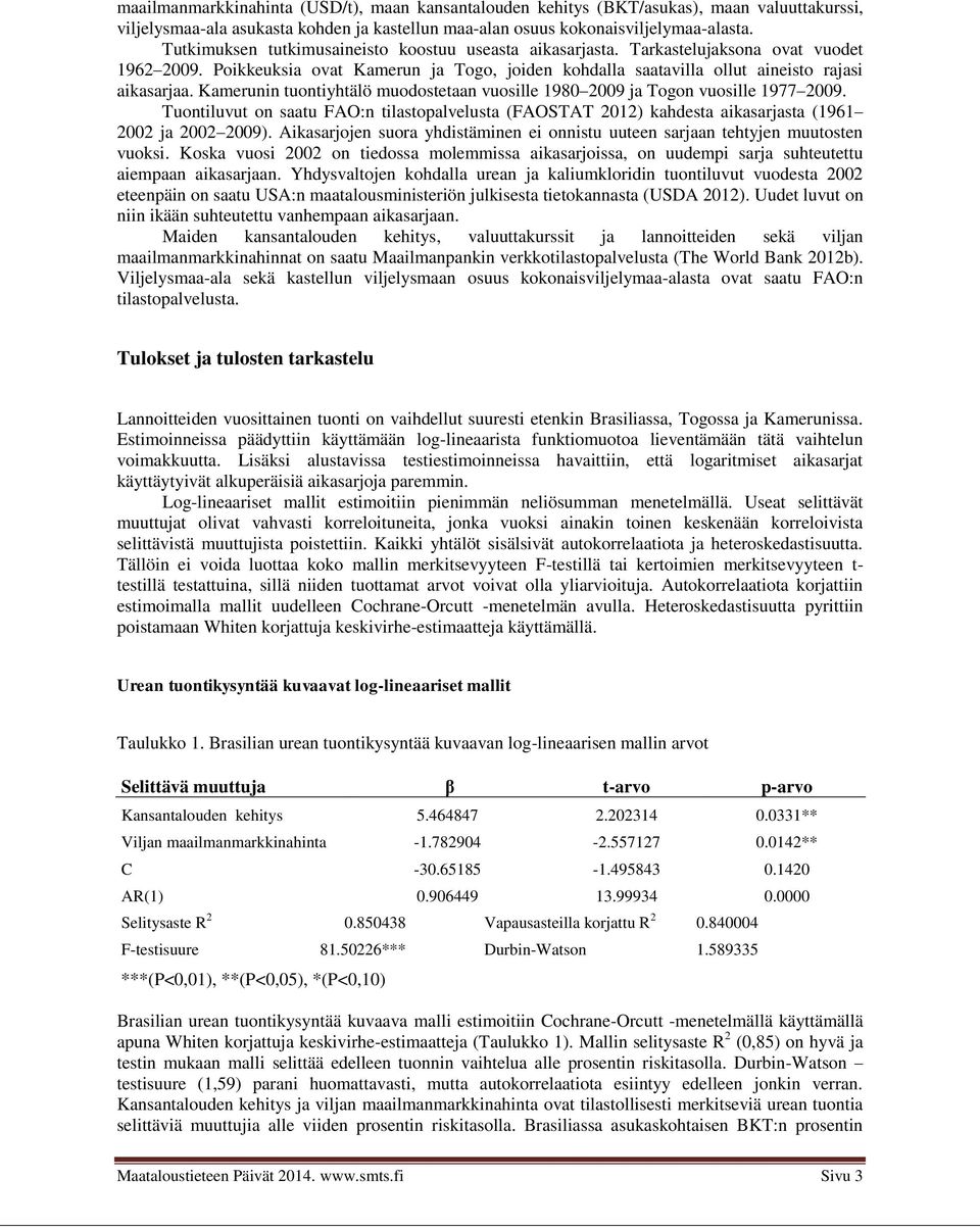 Kamerunin tuontiyhtälö muodostetaan vuosille 1980 2009 ja Togon vuosille 1977 2009. Tuontiluvut on saatu FAO:n tilastopalvelusta (FAOSTAT 2012) kahdesta aikasarjasta (1961 2002 ja 2002 2009).