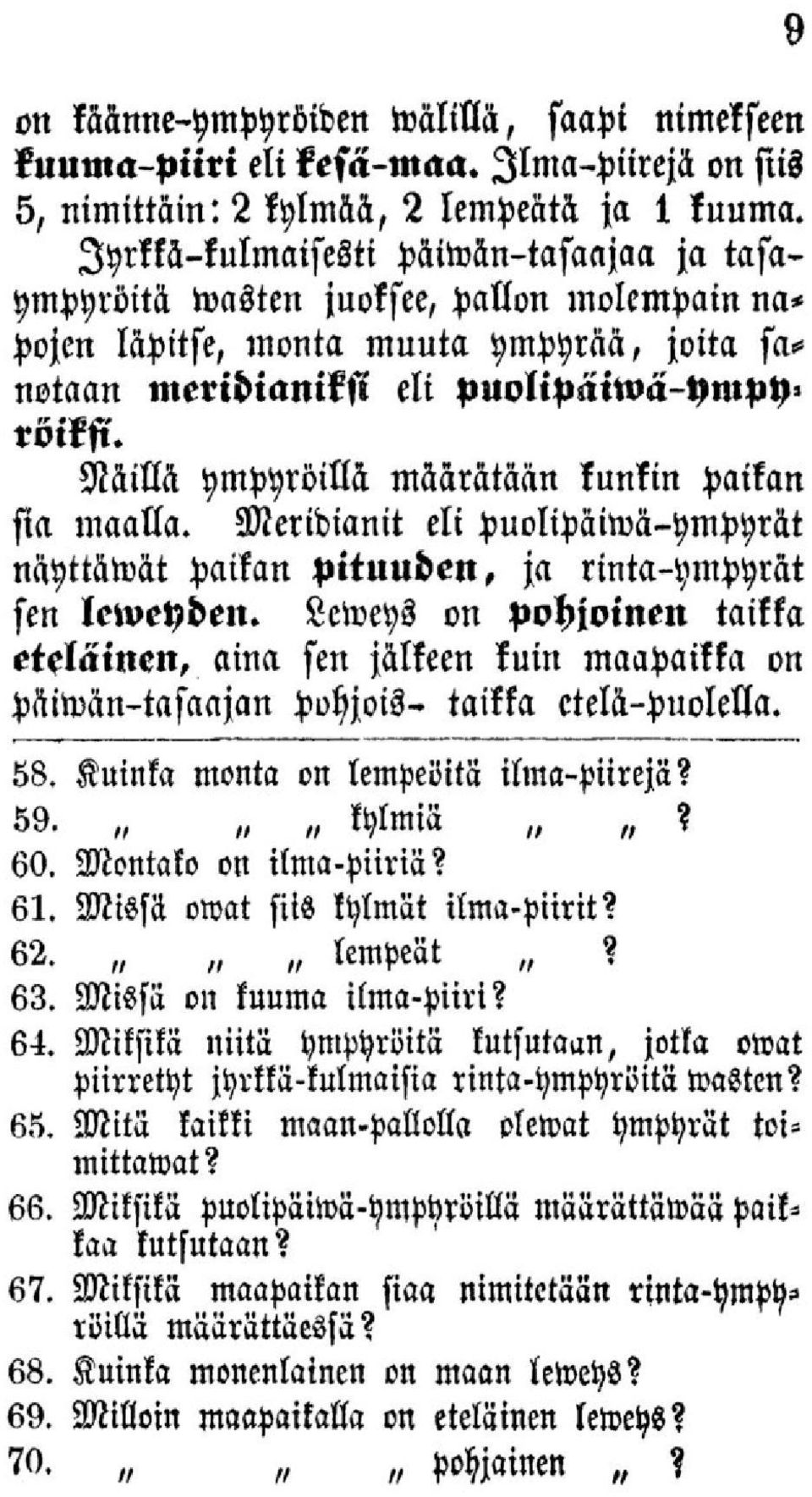 Näillä ympyröillä määrätään kunkin paikan sia maalla. Meridianit eli puolipäiivä-ympyrät näyttäwät paikan pituuden, ja rinta-ympyrät sen leweyden.