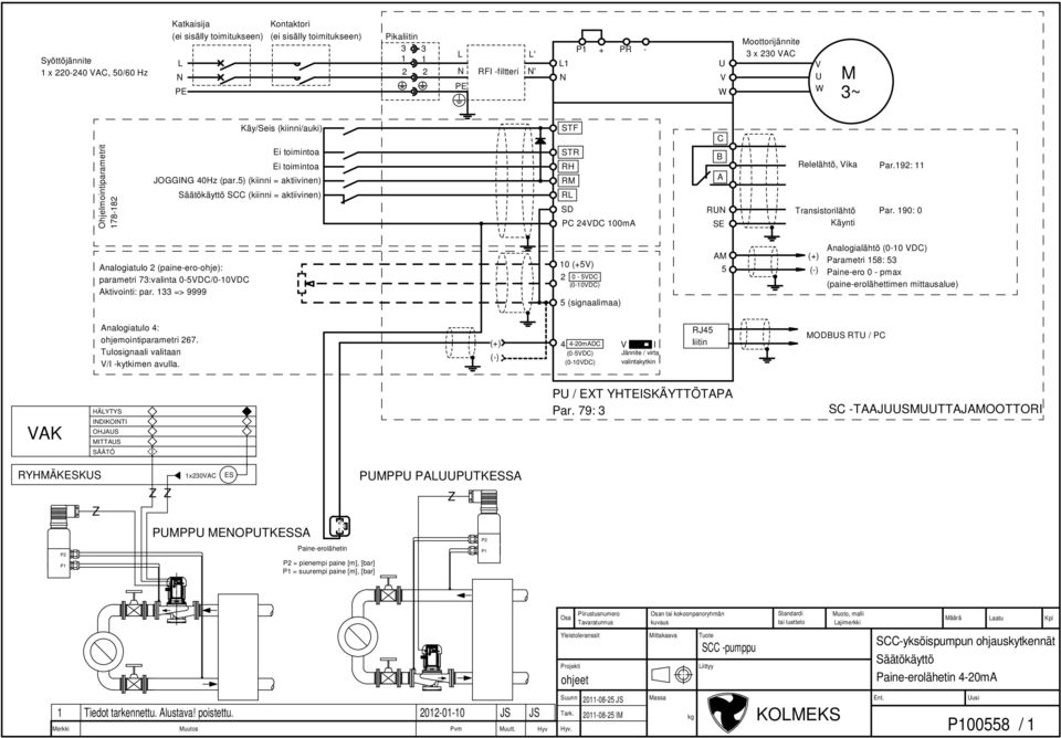 5) (kiinni = aktiivinen) Säätökäyttö SCC (kiinni = aktiivinen) STF STR RH RM RL SD PC 24VDC 100mA C B A RUN SE Relelähtö, Vika Transistorilähtö Käynti Par.192: 11 Par.