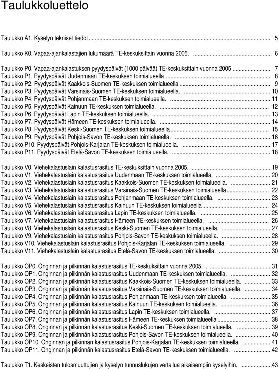 Pyydyspäivät Kaakkois-Suome TE-keskukse toimialueella... 9 Taulukko P3. Pyydyspäivät Varsiais-Suome TE-keskukse toimialueella.... 10 Taulukko P4. Pyydyspäivät Pohjamaa TE-keskukse toimialueella.