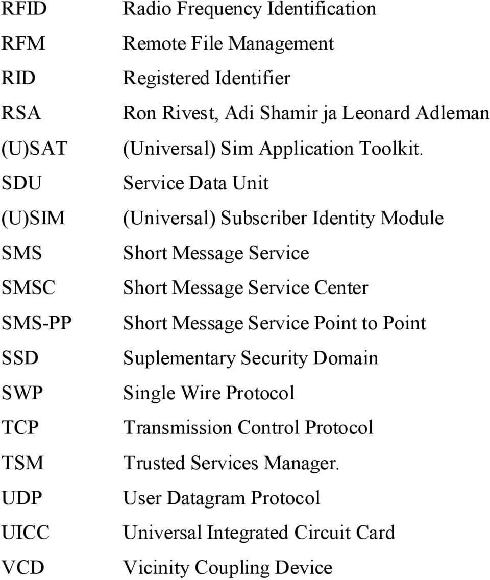 Service Data Unit (Universal) Subscriber Identity Module Short Message Service Short Message Service Center Short Message Service Point to