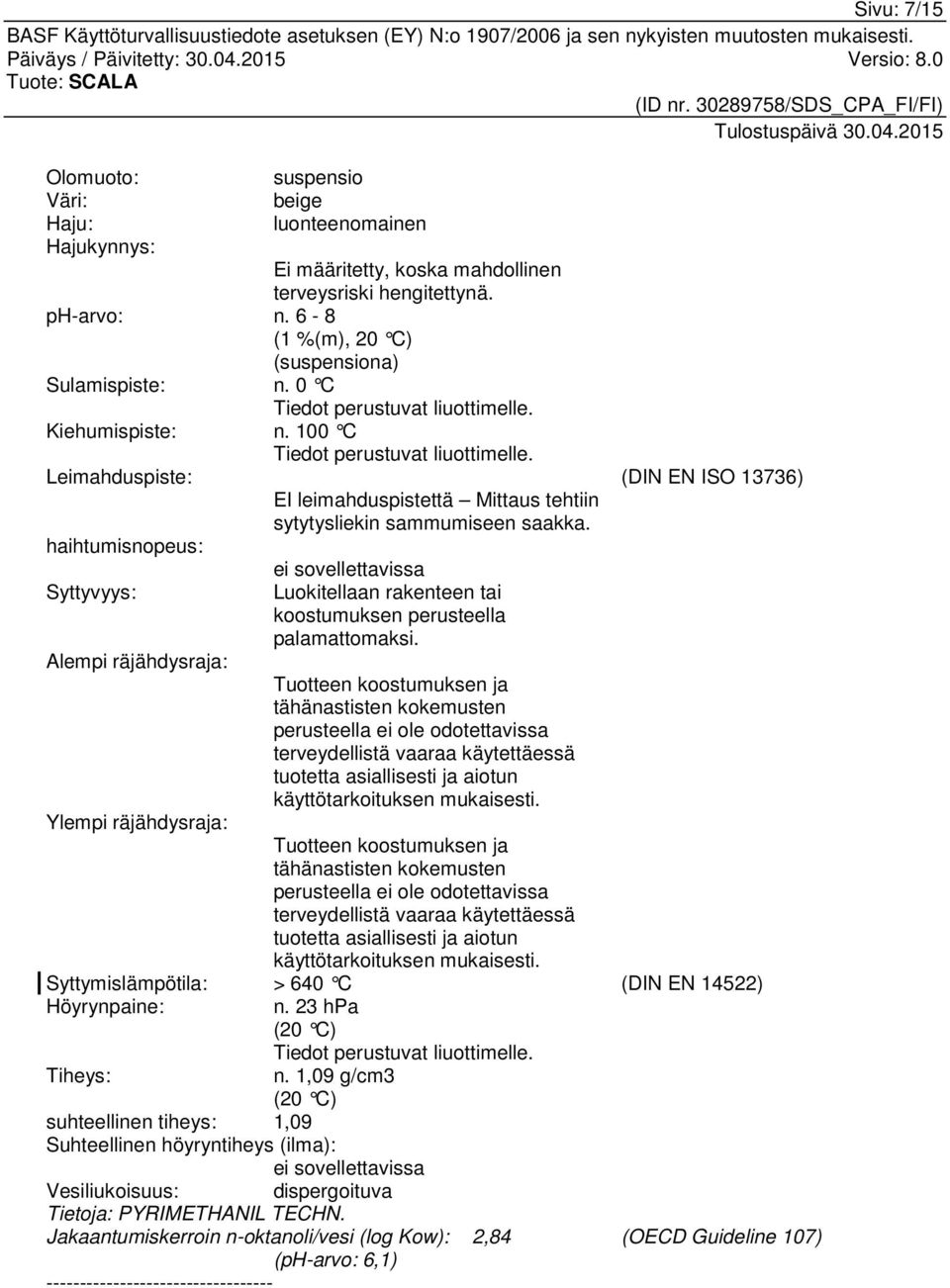 haihtumisnopeus: ei sovellettavissa Syttyvyys: Luokitellaan rakenteen tai koostumuksen perusteella palamattomaksi.