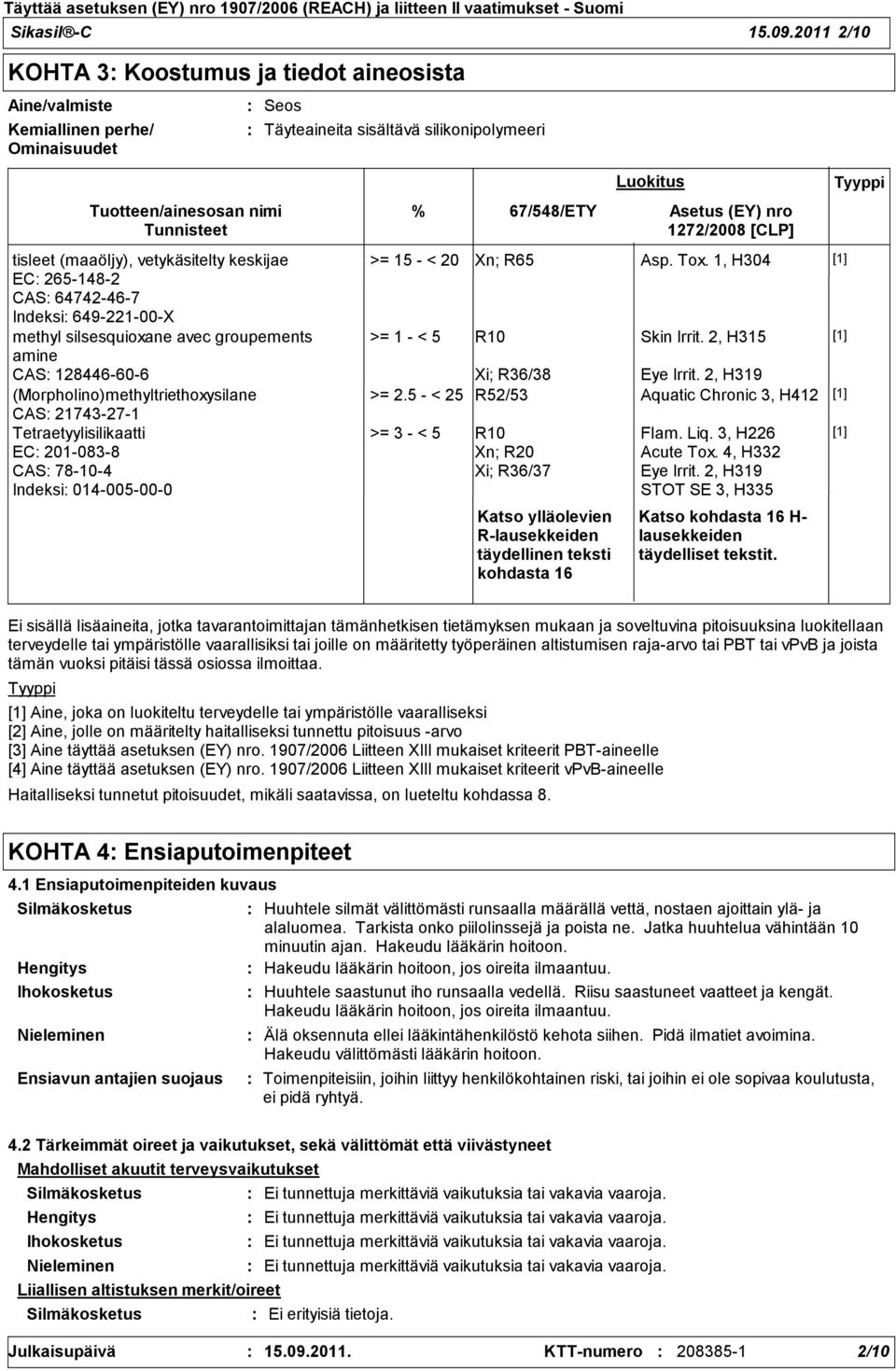 vetykäsitelty keskijae EC 2651482 CAS 64742467 Indeksi 64922100X methyl silsesquioxane avec groupements amine CAS 128446606 (Morpholino)methyltriethoxysilane CAS 21743271 Tetraetyylisilikaatti EC