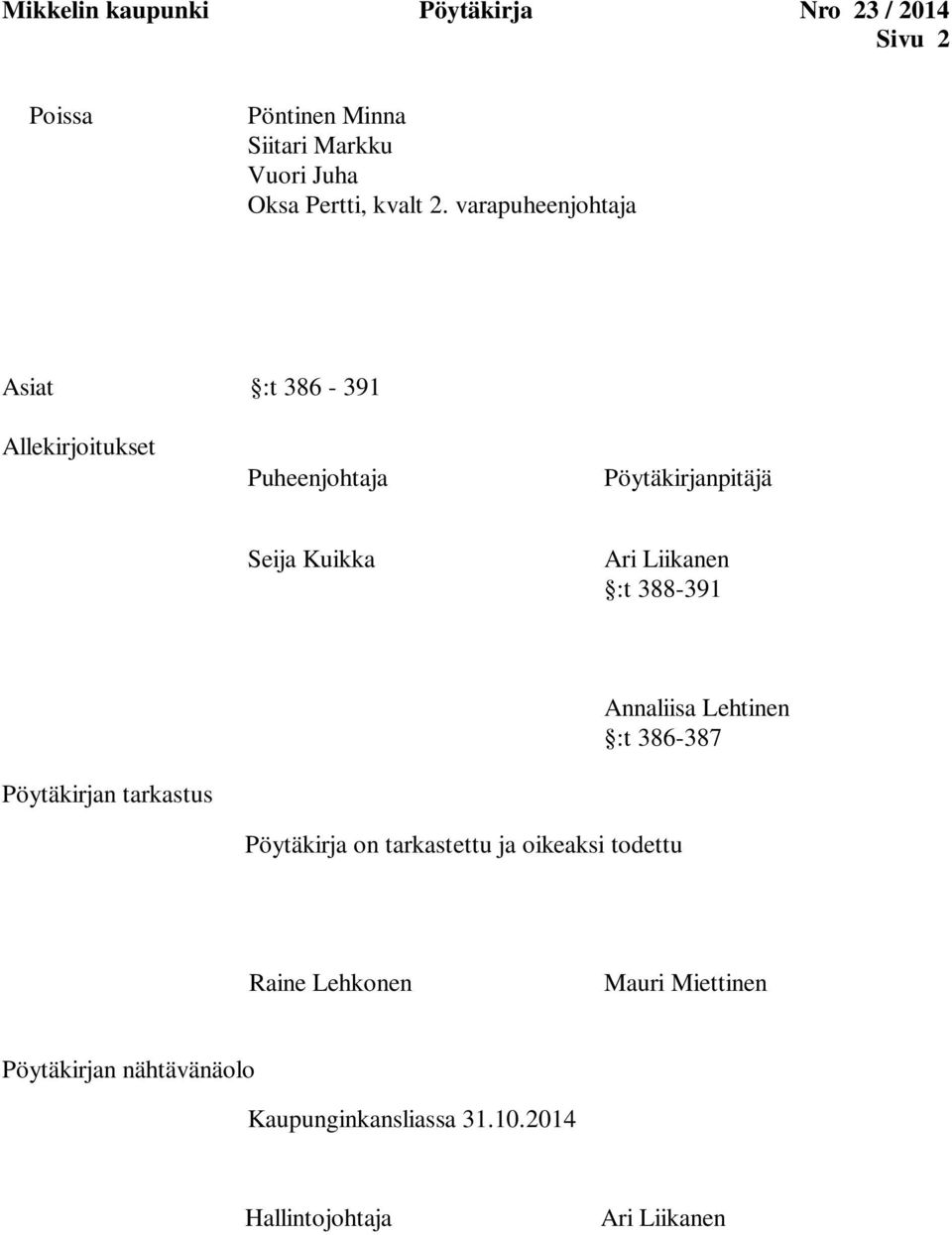 varapuheenjohtaja Asiat :t 386-391 Allekirjoitukset Puheenjohtaja Pöytäkirjanpitäjä Seija Kuikka Ari Liikanen :t