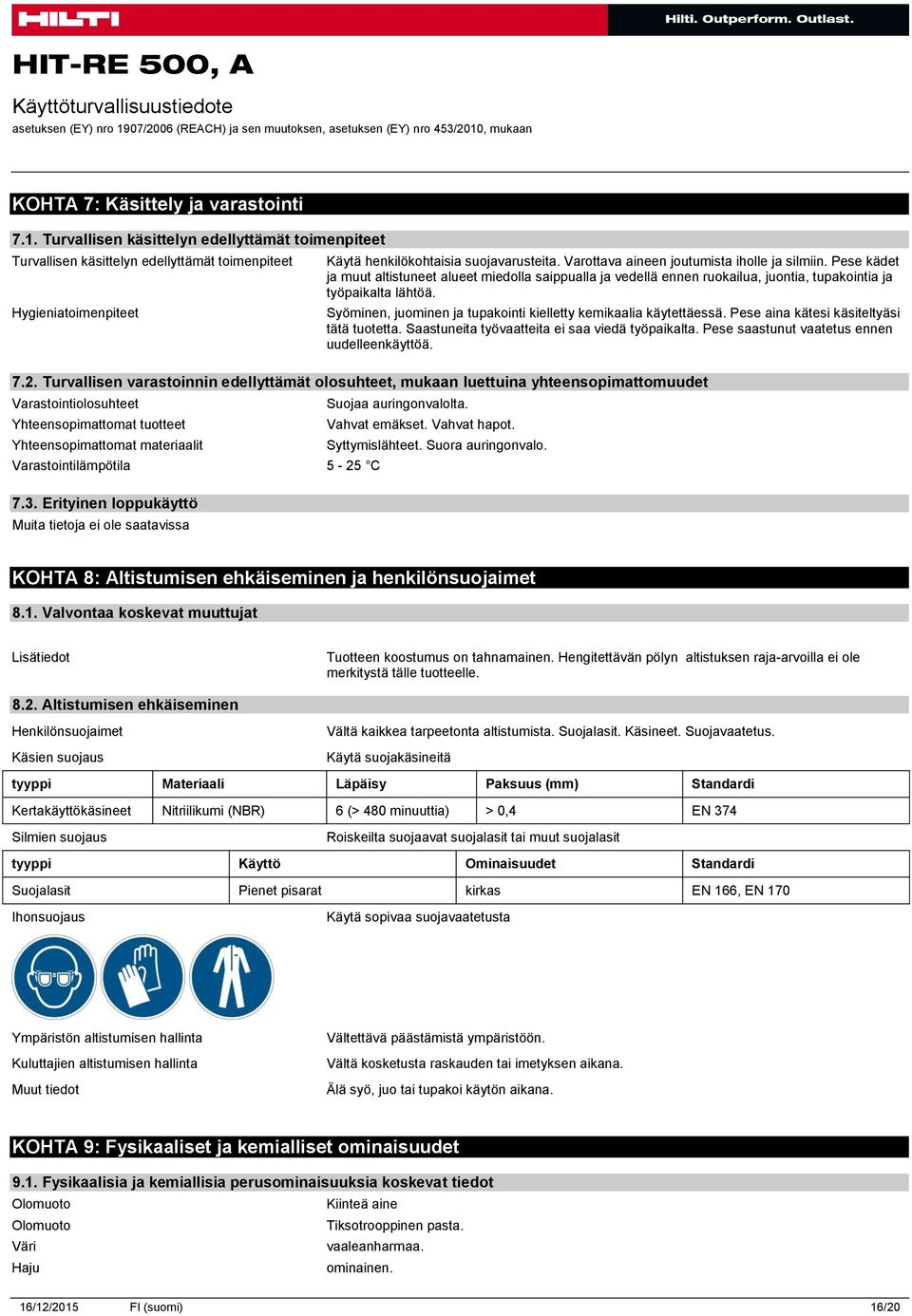 Varottava aineen joutumista iholle ja silmiin. Pese kädet ja muut altistuneet alueet miedolla saippualla ja vedellä ennen ruokailua, juontia, tupakointia ja työpaikalta lähtöä.