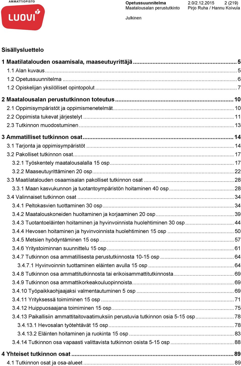 .. 13 3 Ammatilliset tutkinnon osat... 14 3.1 Tarjonta ja oppimisympäristöt... 14 3.2 Pakolliset tutkinnon osat... 17 3.2.1 Työskentely maatalousalalla 15 osp... 17 3.2.2 Maaseutuyrittäminen 20 osp.