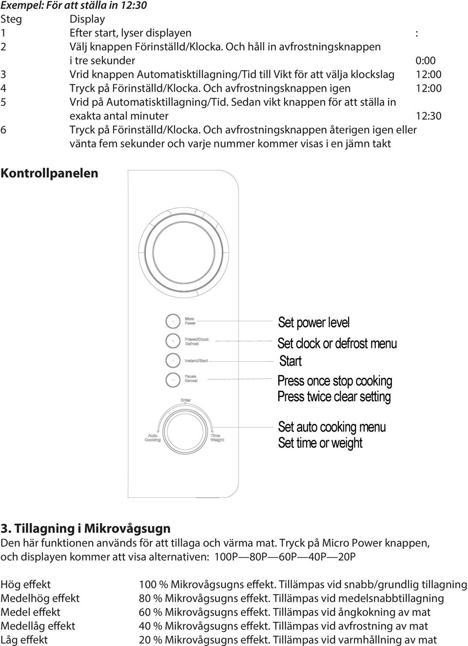 Och avfrostningsknappen igen 12:00 5 Vrid på Automatisktillagning/Tid. Sedan vikt knappen för att ställa in exakta antal minuter 12:30 6 Tryck på Förinställd/Klocka.