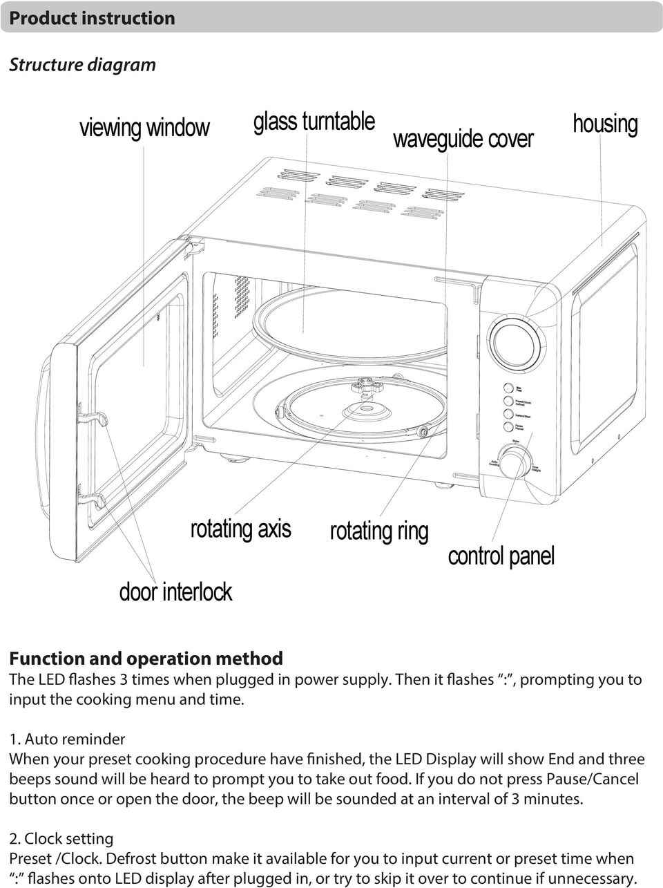 Auto reminder When your preset cooking procedure have finished, the LED Display will show End and three beeps sound will be heard to prompt you to take out food.