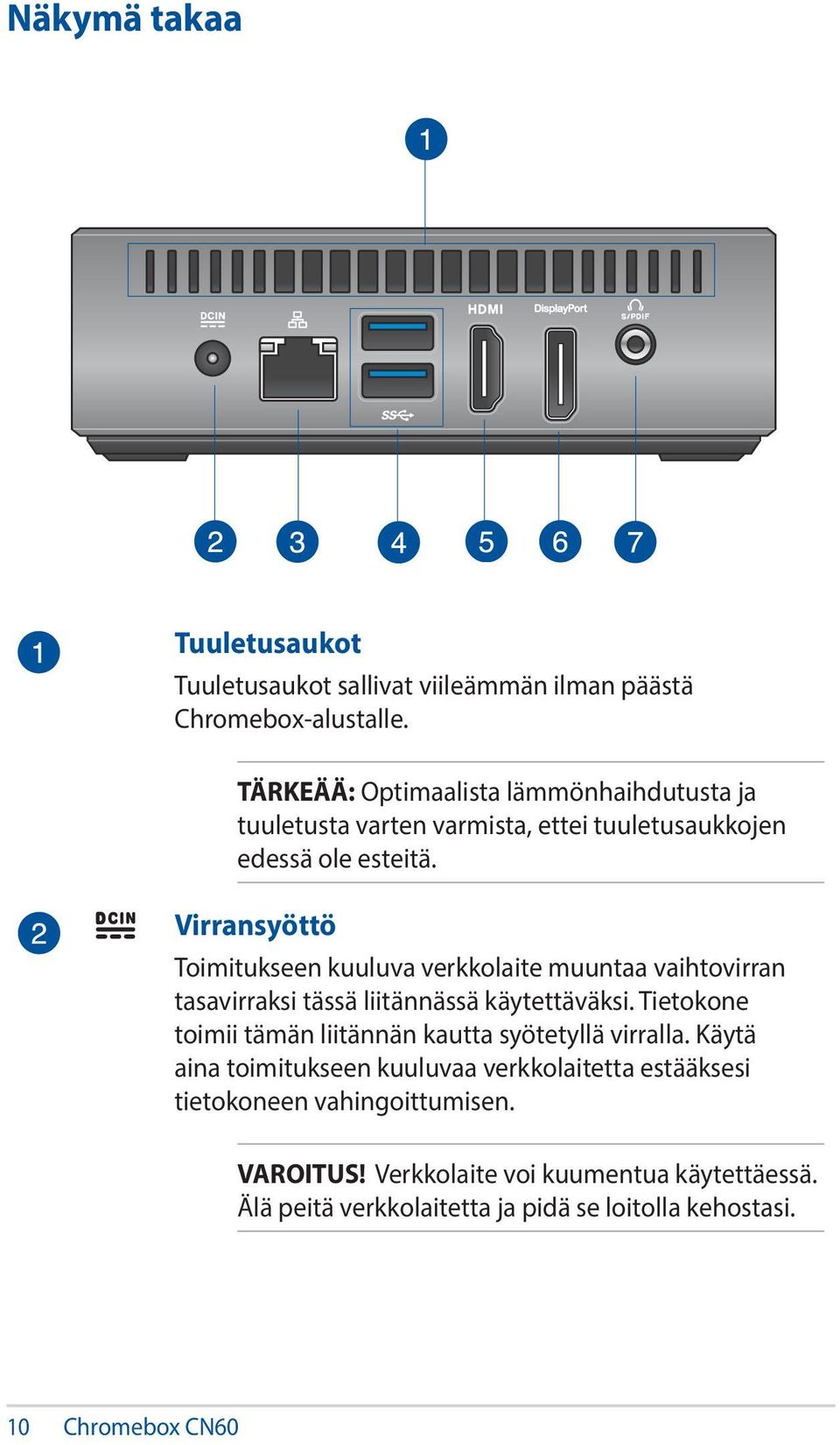 Virransyöttö Toimitukseen kuuluva verkkolaite muuntaa vaihtovirran tasavirraksi tässä liitännässä käytettäväksi.