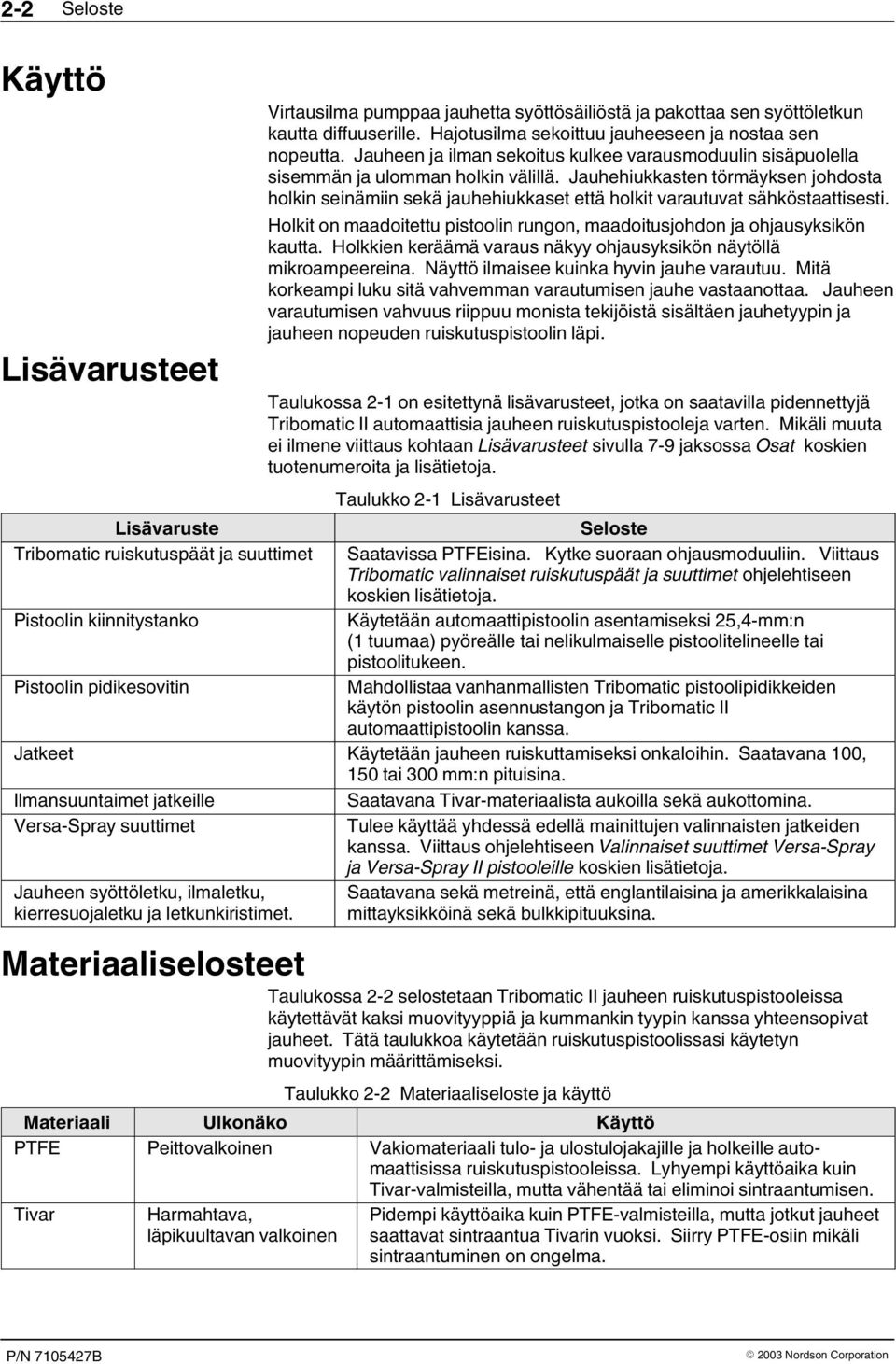 Jauhehiukkasten törmäyksen johdosta holkin seinämiin sekä jauhehiukkaset että holkit varautuvat sähköstaattisesti. Holkit on maadoitettu pistoolin rungon, maadoitusjohdon ja ohjausyksikön kautta.