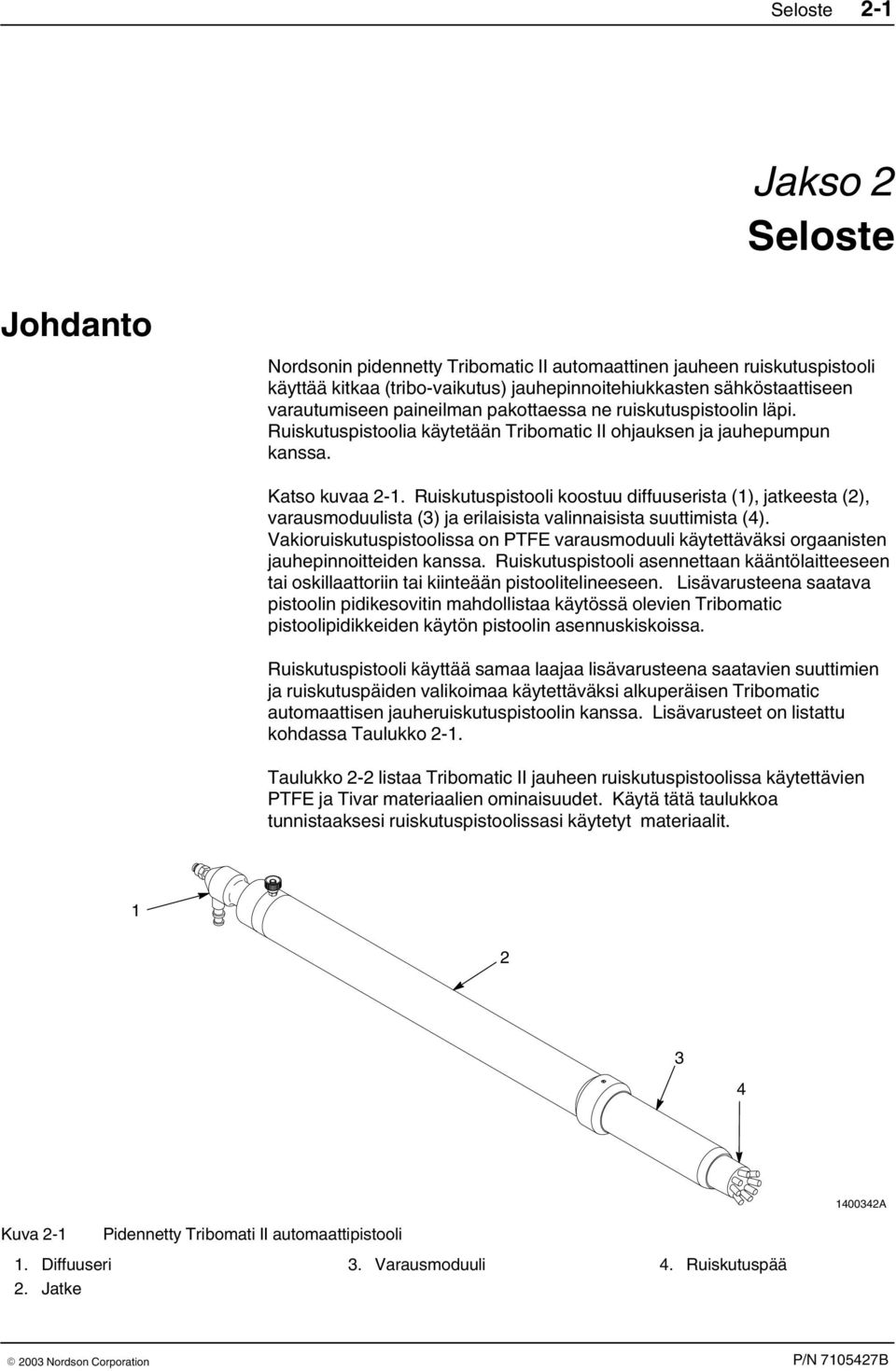 Ruiskutuspistooli koostuu diffuuserista (), jatkeesta (2), varausmoduulista (3) ja erilaisista valinnaisista suuttimista (4).