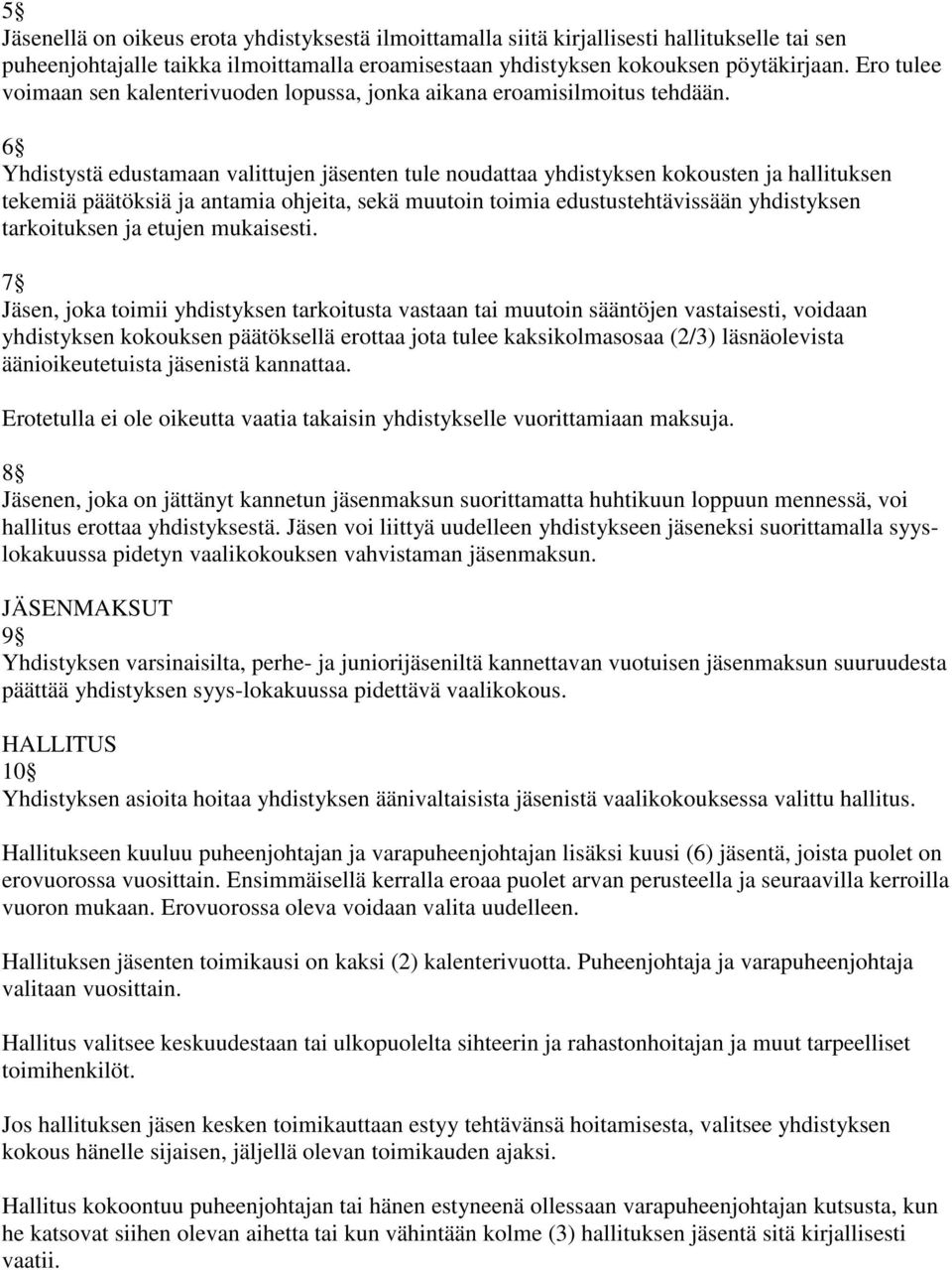 6 Yhdistystä edustamaan valittujen jäsenten tule noudattaa yhdistyksen kokousten ja hallituksen tekemiä päätöksiä ja antamia ohjeita, sekä muutoin toimia edustustehtävissään yhdistyksen tarkoituksen