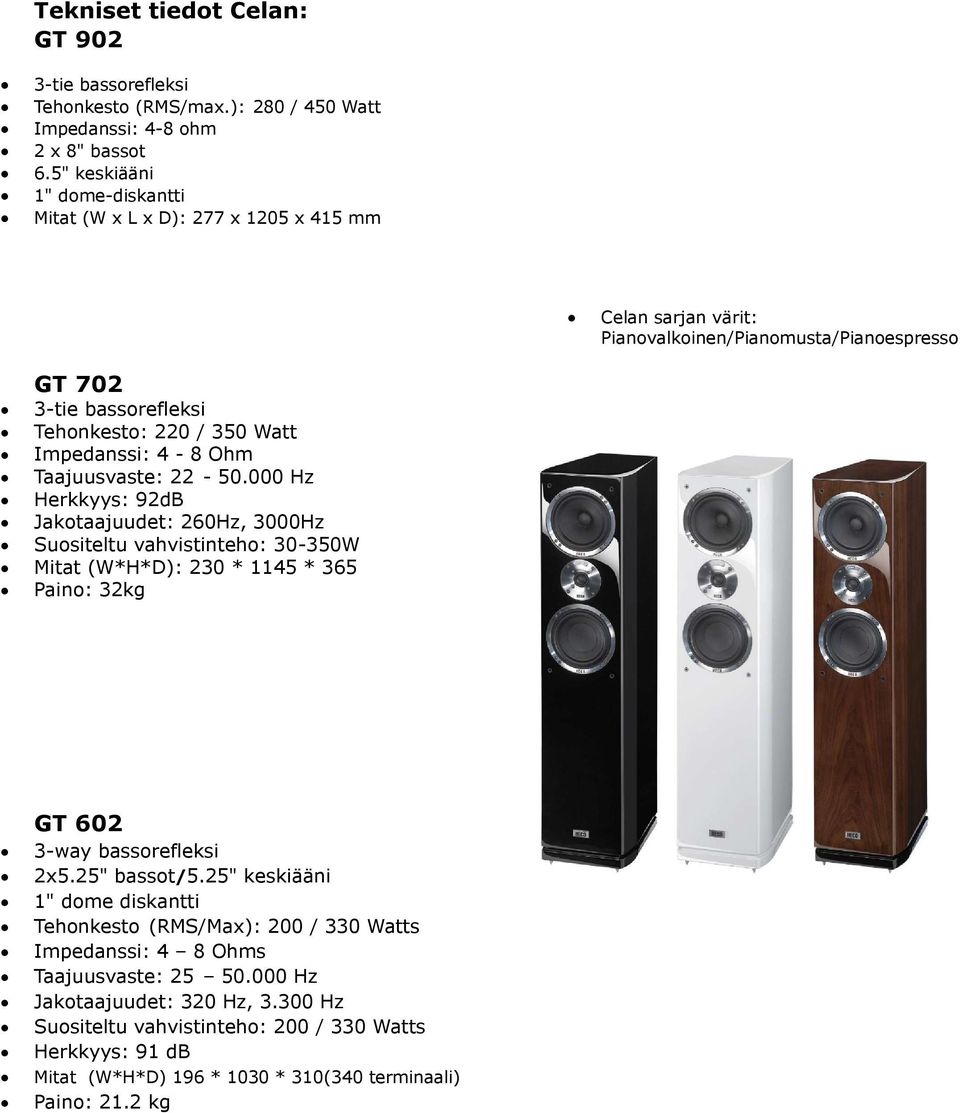 4-8 Ohm Taajuusvaste: 22-50.000 Hz Herkkyys: 92dB Jakotaajuudet: 260Hz, 3000Hz Suositeltu vahvistinteho: 30-350W Mitat (W*H*D): 230 * 1145 * 365 Paino: 32kg GT 602 3-way bassorefleksi 2x5.