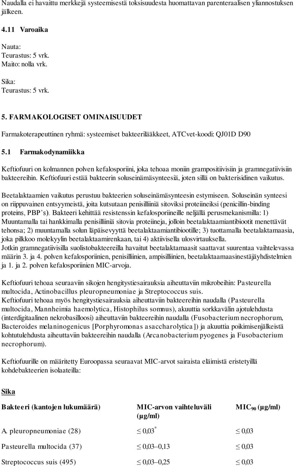 1 Farmakodynamiikka Keftiofuuri on kolmannen polven kefalosporiini, joka tehoaa moniin grampositiivisiin ja gramnegatiivisiin bakteereihin.