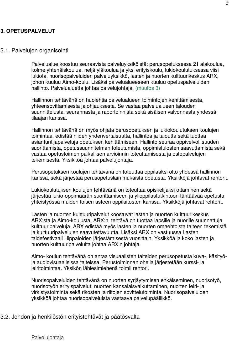 nuorisopalveluiden palveluyksikkö, lasten ja nuorten kulttuurikeskus ARX, johon kuuluu Aimo-koulu. Lisäksi palvelualueeseen kuuluu opetuspalveluiden hallinto. Palvelualuetta johtaa palvelujohtaja.