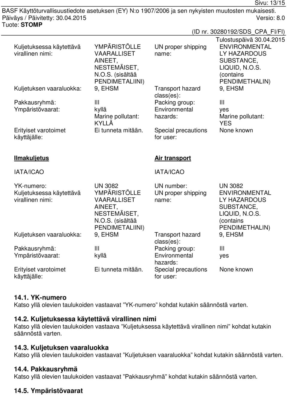 hazards: YES Erityiset varotoimet käyttäjälle: Ei tunneta mitään.