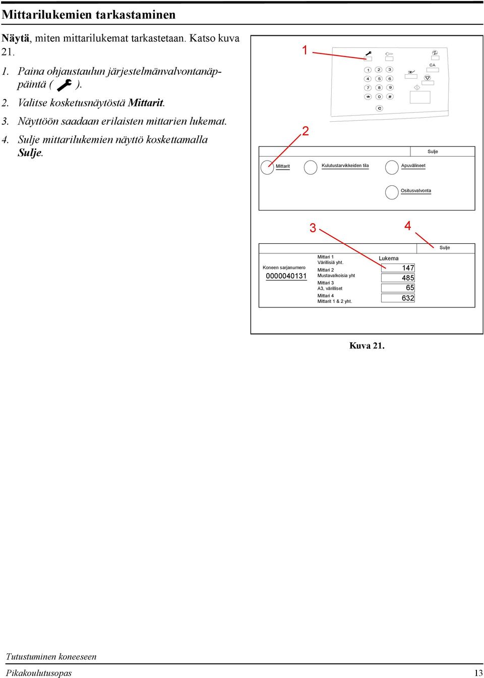 CA 3 4 5 6 7 8 9 * 0 # C Sulje Mittarit Kulutustarvikkeiden tila Apuvälineet Ositusvalvonta 3 4 Sulje Koneen sarjanumero 00000403 Mittari