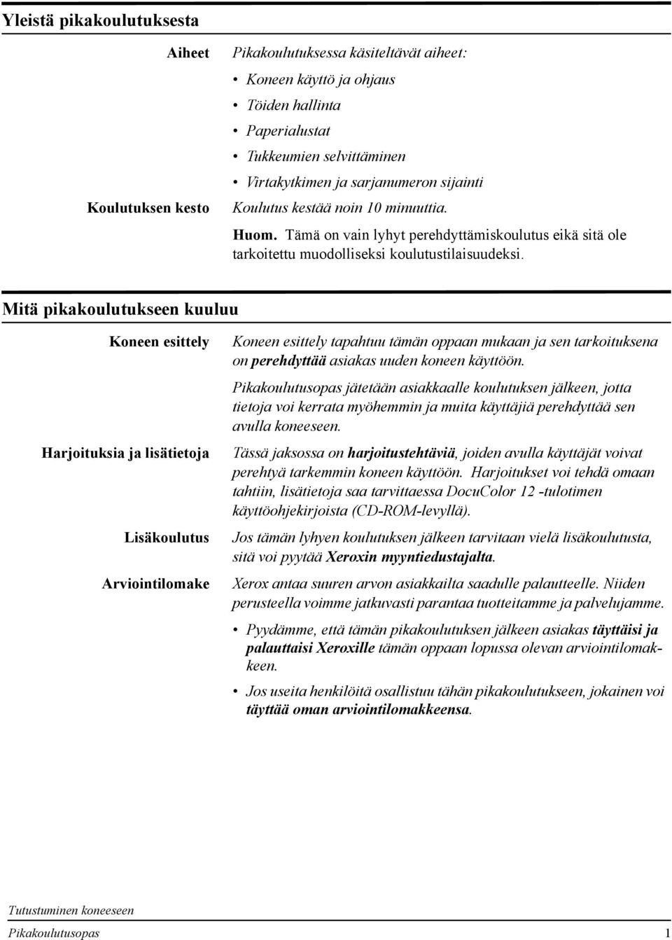 Mitä pikakoulutukseen kuuluu Koneen esittely Harjoituksia ja lisätietoja Lisäkoulutus Arviointilomake Koneen esittely tapahtuu tämän oppaan mukaan ja sen tarkoituksena on perehdyttää asiakas uuden