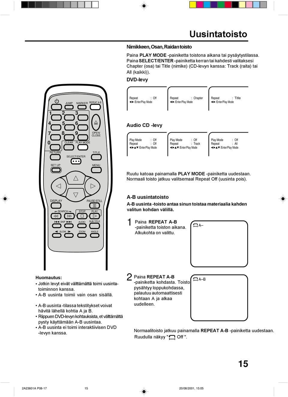 : Title /Enter/Play Mode Audio CD -levy Play Mode : Off Repeat : Off /Enter/Play Mode Play Mode : Off Repeat : Track /Enter/Play Mode Play Mode : Off Repeat : All /Enter/Play Mode Ruutu katoaa