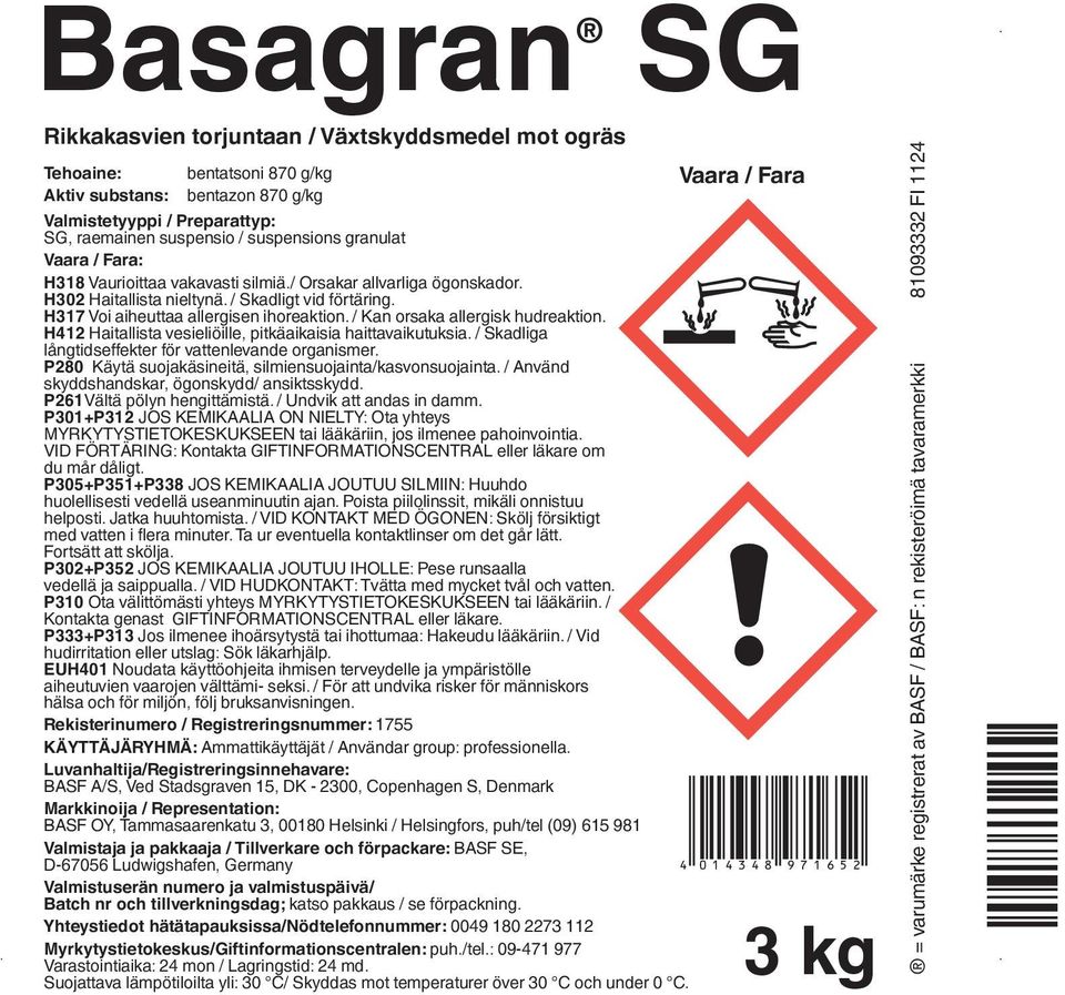 / Kan orsaka allergisk hudreaktion. H412 Haitallista vesieliöille, pitkäaikaisia haittavaikutuksia. / Skadliga långtidseffekter för vattenlevande organismer.