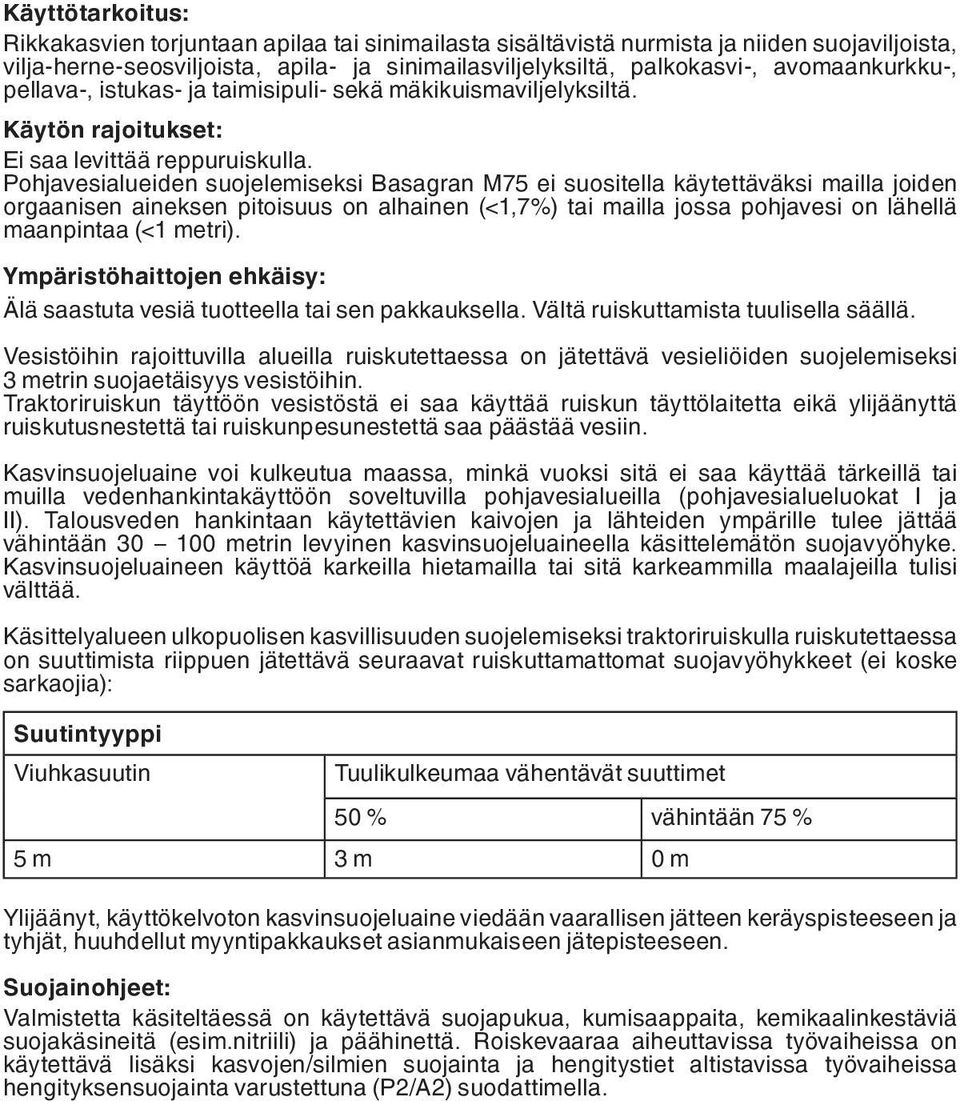 Pohjavesialueiden suojelemiseksi Basagran M75 ei suositella käytettäväksi mailla joiden orgaanisen aineksen pitoisuus on alhainen (<1,7%) tai mailla jossa pohjavesi on lähellä maanpintaa (<1 metri).