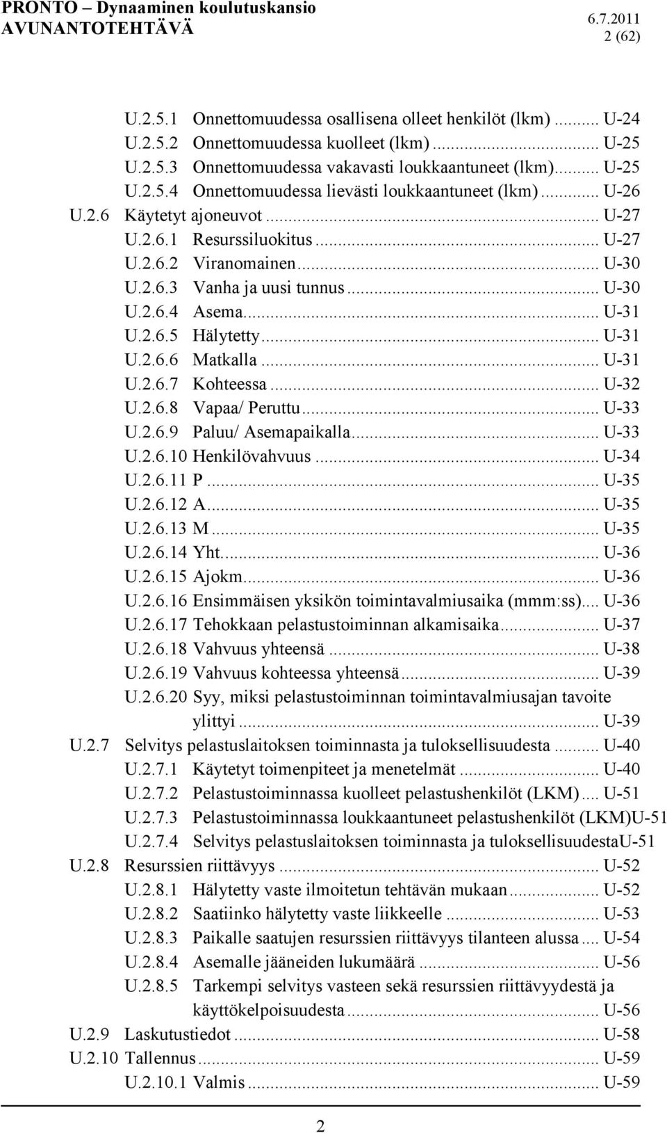 .. U-31 U.2.6.7 Kohteessa... U-32 U.2.6.8 Vapaa/ Peruttu... U-33 U.2.6.9 Paluu/ Asemapaikalla... U-33 U.2.6.10 Henkilövahvuus... U-34 U.2.6.11 P... U-35 U.2.6.12 A... U-35 U.2.6.13 M... U-35 U.2.6.14 Yht.